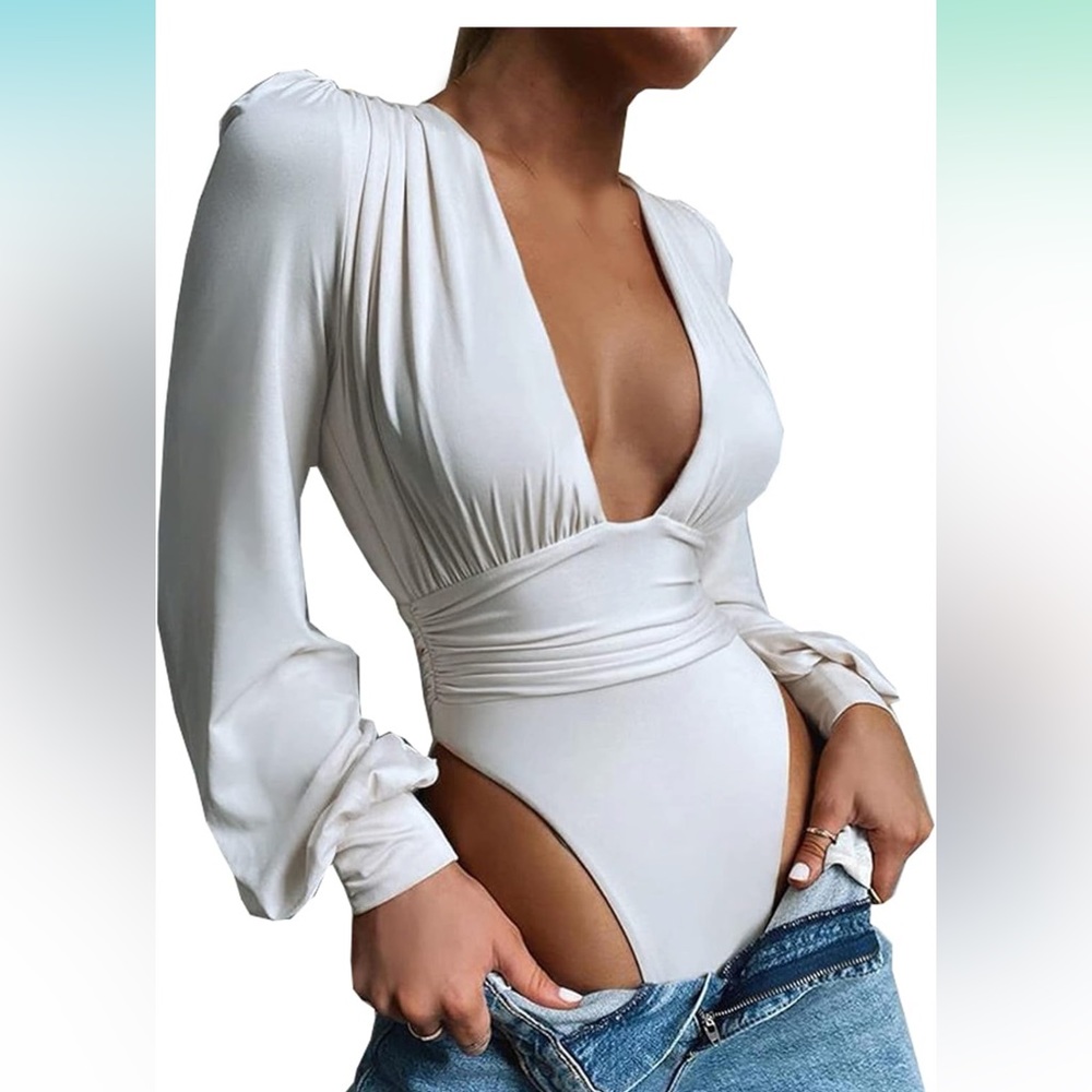 Weigou Women Jumpsuits Long Sleeve V Neck Pleated Loose Bodysuits Top